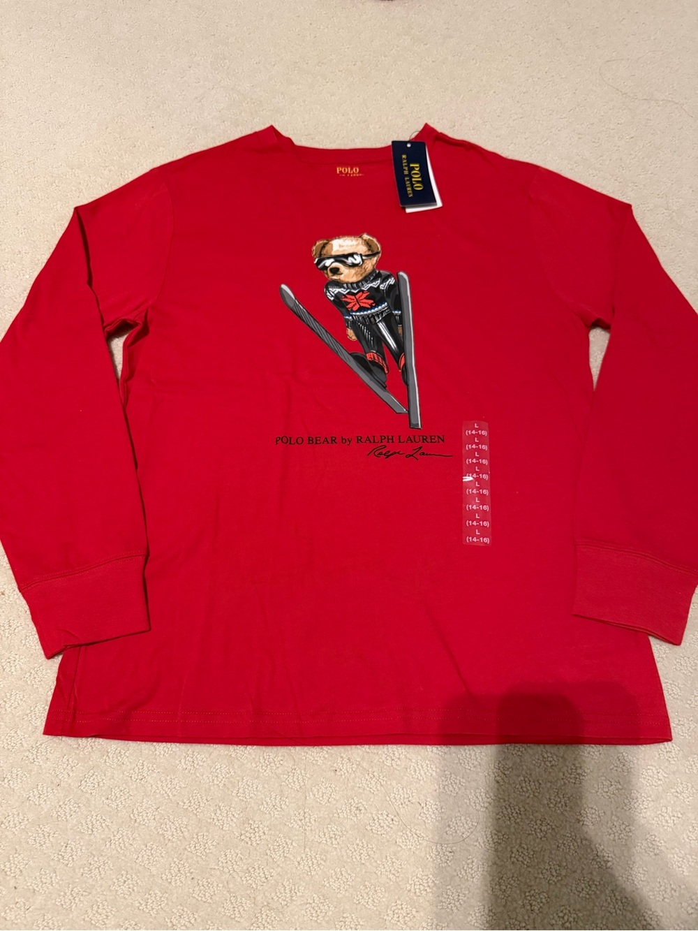 Polo by Ralph Lauren Red Long-Sleeve Tee with Skiing Bear Graphic - Boys 14/16
